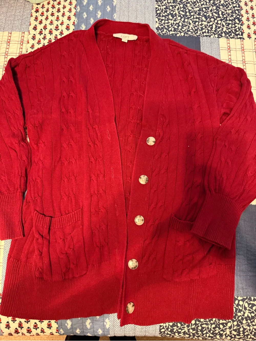 LOFT Red Cable-Knit Cardigan with Front Pockets